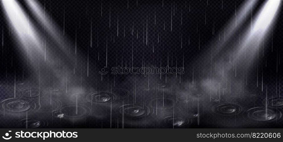 Rain, puddle ripples and spotlight beams, falling water drops and light background. Shower droplets, storm or downpour texture, fall season rainy weather, street l&s Realistic 3d vector illustration. Rain, puddle ripples or spotlight beams background