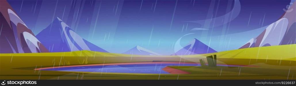 Rain sky landscape with mountain and pond view cartoon background illustration. Nature lake water near green grass outdoor park scene with empty meadow. Panoramic spring alps with rainfall weather.. Rain sky landscape with mountain and pond view