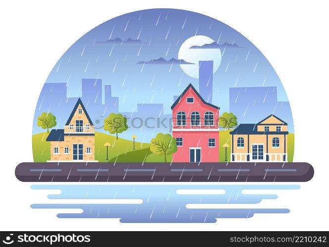 Rain Storm Background Vector Illustration at Rainy Weather with Scenery Cityscape or Park and Empty Public Place with Puddle for Banner or Poster