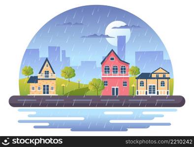 Rain Storm Background Vector Illustration at Rainy Weather with Scenery Cityscape or Park and Empty Public Place with Puddle for Banner or Poster