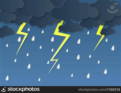Rain thunder lightning paper cut. Rainy season, heavy rain falling water drops. Cloudy sky and flash, storm weather origami vector background