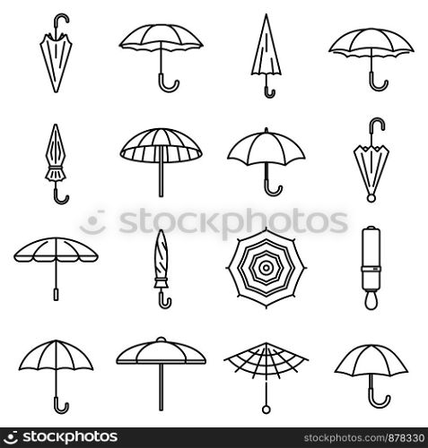 Rain umbrella icons set. Outline set of rain umbrella vector icons for web design isolated on white background. Rain umbrella icons set, outline style