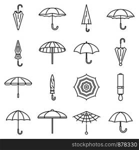 Rain umbrella icons set. Outline set of rain umbrella vector icons for web design isolated on white background. Rain umbrella icons set, outline style