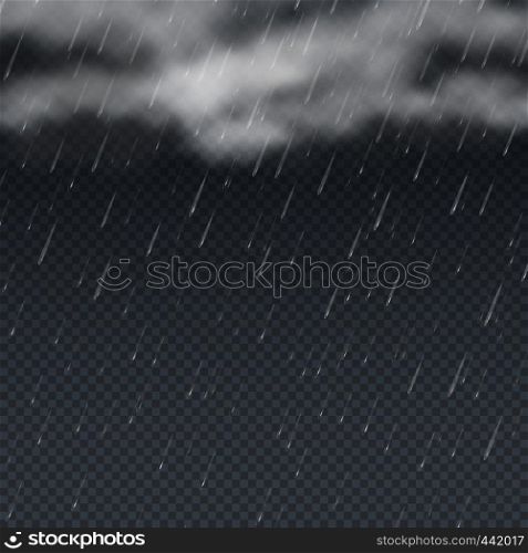 Rain vector 3d illustration with falling water drops and grey storm clouds. Raindrop weather backdrop, rain splash shower. Rain vector 3d illustration with falling water drops and grey storm clouds