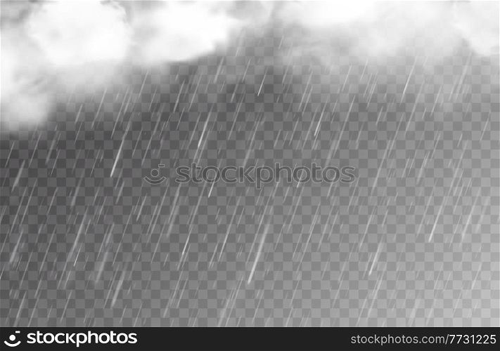 Rain water drops and clouds on transparent background, vector falling raindrops or rainy weather pattern. Rain and storm sky, realistic cloudy effect of rainfall shower and white fog with wind. Rain water drops, clouds on transparent background