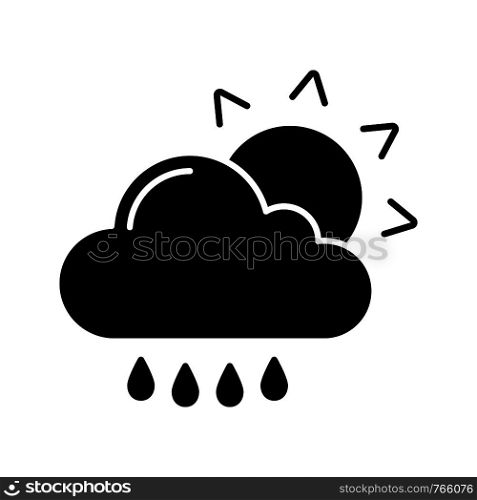 Rain with sun glyph icon. Sunny and rainy weather. Light rain. Drizzle, scattered shower. Cloud, sun and raindrops. Weather forecast. Silhouette symbol. Negative space. Vector isolated illustration. Rain with sun glyph icon
