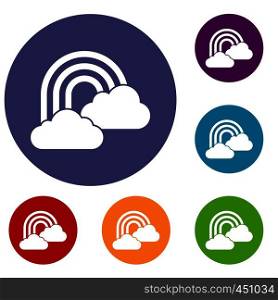 Rainbow and clouds icons set in flat circle reb, blue and green color for web. Rainbow and clouds icons set