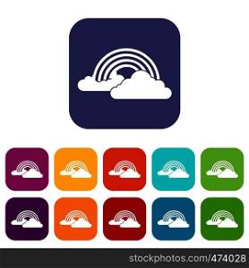 Rainbow and clouds icons set vector illustration in flat style In colors red, blue, green and other. Rainbow and clouds icons set
