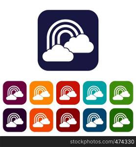 Rainbow and clouds icons set vector illustration in flat style In colors red, blue, green and other. Rainbow and clouds icons set