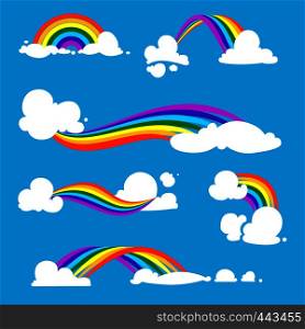 Rainbow and clouds in flat style. Vector illustrations. Set of rainbow with cloud in blue sky. Rainbow and clouds in flat style. Vector illustrations