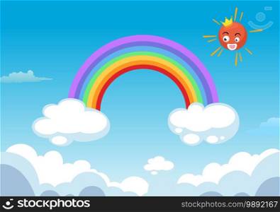 Rainbow and sun in clouds illustration background