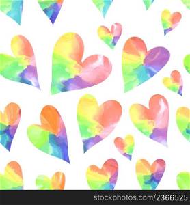 Rainbow art hearts. Watercolor hearts seamless pattern.. Rainbow hearts seamless pattern