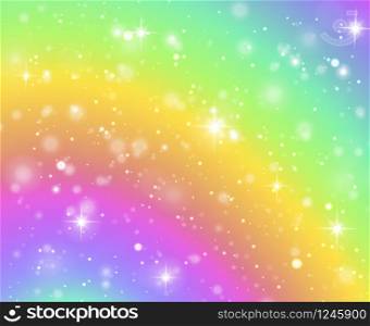 Rainbow background. Fantasy unicorn galaxy, fairy stars in pastel sky and bokeh, iridescent hologram texture with glitter effect vector abstract universe concept. Rainbow background. Fantasy unicorn galaxy, fairy stars in pastel sky and bokeh, iridescent hologram texture with glitter effect vector concept