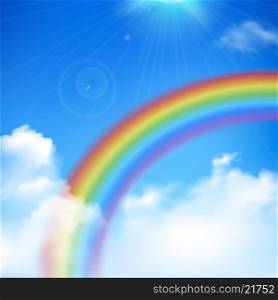 Rainbow Background Illustration . Rainbow and sun rays realistic background with clouds and blue sky vector illustration