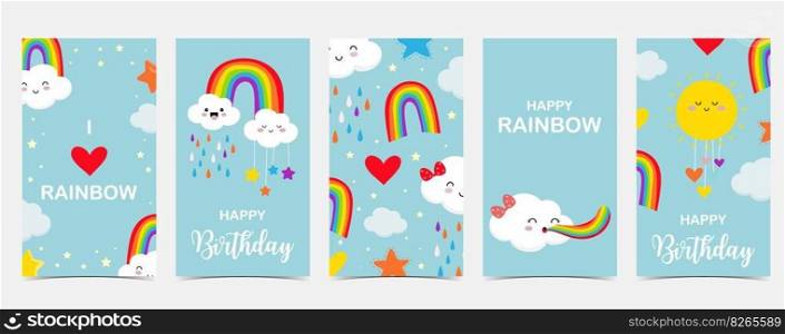 rainbow background with cloud,rain illustration for sticker,postcard,birthday invitation.Editable element