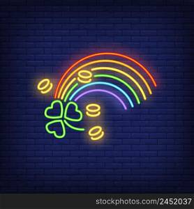 Rainbow, coins and clover neon sign. Saint Patricks Day design. Night bright neon sign, colorful billboard, light banner. Vector illustration in neon style.