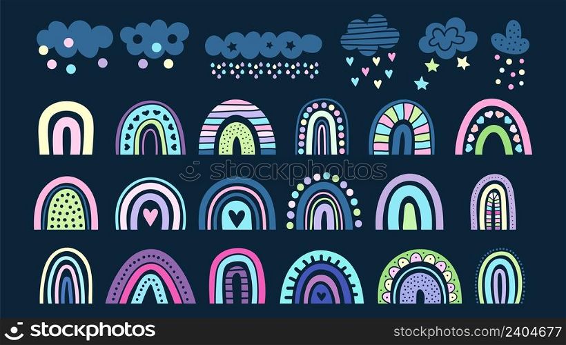 Rainbow collection. Clouds, colorful rainbows in scandinavian style. Childish baby vector elements. Illustration of rainbow and cloud. Rainbow collection. Clouds, colorful rainbows in scandinavian style. Childish baby vector elements