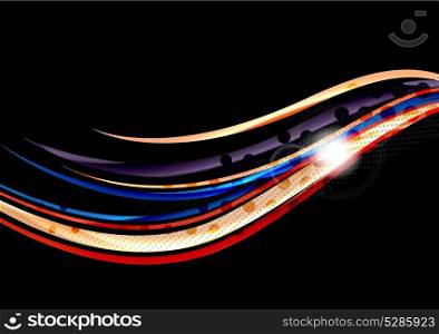 Rainbow color wavy lines on black background. Rainbow color wavy lines on black background. Minimalistic dark background with stripes and light effects