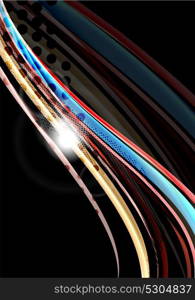 Rainbow color wavy lines on black background. Rainbow color wavy lines on black background. Minimalistic dark background with stripes and light effects