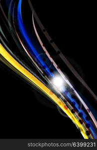 Rainbow color wavy lines on black background. Rainbow color wavy lines on black background. Minimalistic dark background with stripes and light effects