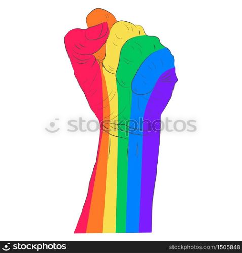 Rainbow colored hand with a fist raised up isolated on white background. Gay Pride. LGBT concept. Sticker, patch, t-shirt print, logo design.. Rainbow colored hand with a fist raised up. Gay Pride. LGBT concept.