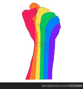 Rainbow colored hand with a fist raised up isolated on white background. Gay Pride. LGBT concept. Sticker, patch, t-shirt print, logo design.. Rainbow colored hand with a fist raised up. Gay Pride. LGBT concept.