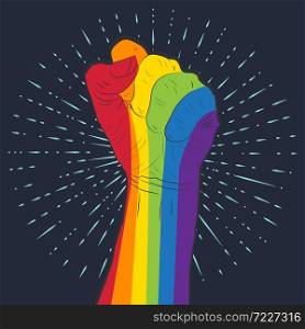 Rainbow colored hand with a fist raised up on the background of retro rays. Gay Pride. LGBT concept. Sticker, patch, t-shirt print, logo design.. Rainbow colored hand with a fist raised up. Gay Pride. LGBT concept.