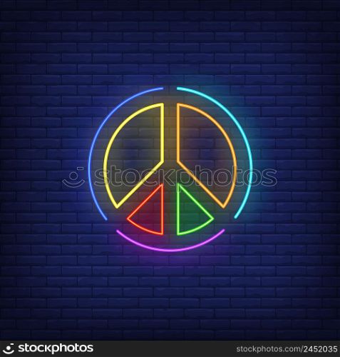 Rainbow colored peace emblem neon sign. Round, circle, lgbt. Vector illustration in neon style for bright banners, light billboards, gay pride flyers