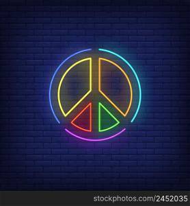 Rainbow colored peace emblem neon sign. Round, circle, lgbt. Vector illustration in neon style for bright banners, light billboards, gay pride flyers