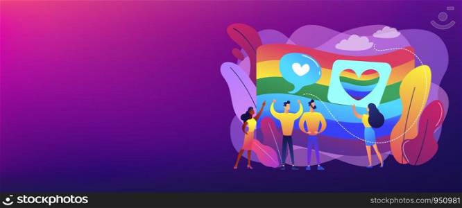 Rainbow coloured flag and LGBT community demonstration with hearts. Sexuality and gender identity, sexual orientation, LGBT movement concept. Header or footer banner template with copy space.. Sexuality and gender identity concept banner header.