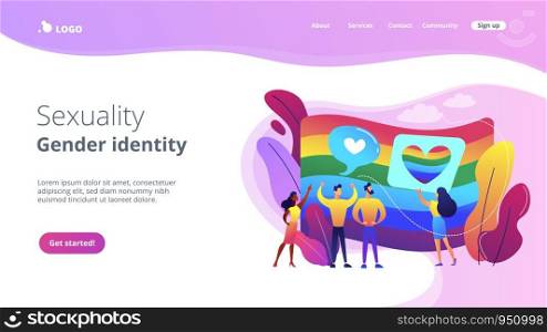 Rainbow coloured flag and LGBT community demonstration with hearts. Sexuality and gender identity, sexual orientation, LGBT movement concept. Website vibrant violet landing web page template.. Sexuality and gender identity concept landing page.