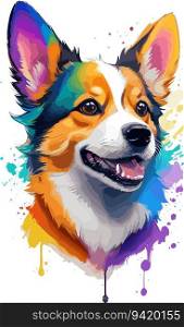 Rainbow Corgi Dog: Colorful and Realistic Head Illustration in a Vibrant Painterly Style for T-Shirt Design
