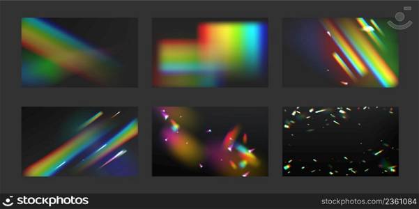 Rainbow crystal light beams, prism on black background. Collection of flare reflection, blurred lens refraction, glare, optical physics kaleidoscope fantasy effect, Realistic 3d vector illustration. Rainbow crystal light beams, prism backgrounds