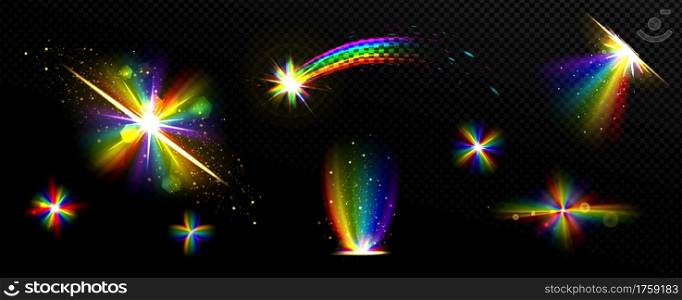 Rainbow crystal light, prism flare reflection, lens refraction, falling star, glass, jewelry or gem stone glare, optical physics effect isolated on black background, Realistic 3d vector icons set. Rainbow crystal light, prism flare reflection lens