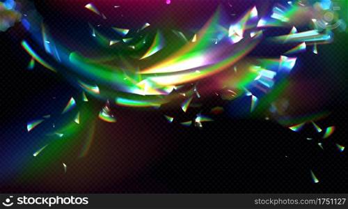 Rainbow crystal light, prism flare reflection, lens refraction, glass, jewelry or gem stone glare, optical physics effect isolated on black and transparent background, Realistic 3d vector illustration. Rainbow crystal light, prism flare reflection lens