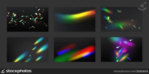 Rainbow crystal lights collection of backgrounds. Prism flare reflection, lens refraction overlays. Glass, jewelry or gem stone glare, kaleidoscope optical effect Realistic 3d vector illustration, set. Rainbow crystal lights collection of backgrounds