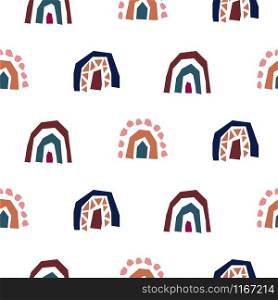 Rainbow cut out paper abstract modern shapes seamless pattern. Blue brown repeat background for wrap, textile and print design. Earthy terra colors texture objects.. Rainbow cut out paper abstract modern shapes seamless pattern. Blue brown repeat background for wrap, textile and print design.