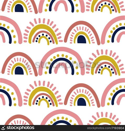 Rainbow cut out paper abstract modern shapes seamless pattern. Hand drawn scallop archs repeat background for wrap, textile and print design. Pink yellow colors texture objects.. Rainbow cut out paper abstract modern shapes seamless pattern. Hand drawn scallop archs repeat background for wrap, textile and print design.