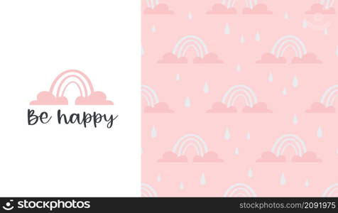 Rainbow cute patterns and lettering - be happy . Creative childish print for fabric, wrapping, textile, wallpaper, apparel.Vector cartoon illustration in pastel colors.. Rainbow cute patterns and lettering - be happy . Creative childish print for fabric, wrapping, textile, wallpaper, apparel.Vector cartoon illustration in pastel colors