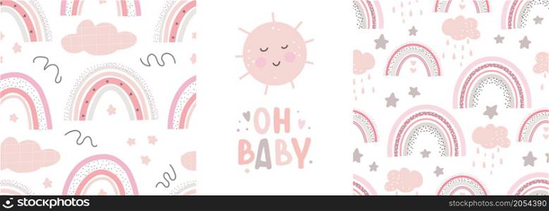 Rainbow cute patterns and lettering - oh baby . Creative childish print for fabric, wrapping, textile, wallpaper, apparel.Vector cartoon illustration in pastel colors. Rainbow cute patterns and lettering - oh baby