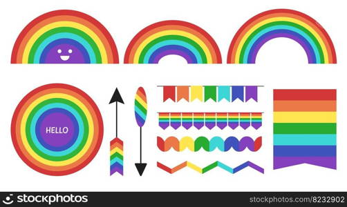 Rainbow elements collection. Flag banners, arrows, rainbows full and half. Cute smile, festive garlands and dividers, vector party symbols set design. Illustration of rainbow symbol decorative. Rainbow elements collection. Flag banners, arrows, rainbows full and half. Cute smile, festive garlands and dividers, vector party symbols set design
