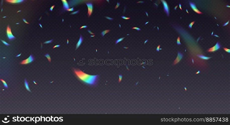 Rainbow falling confetti, holographic falling foil pieces, abstract festive background. Transparent overlay effect. Vector illustration.. Rainbow falling confetti, holographic falling foil pieces, abstract festive background.