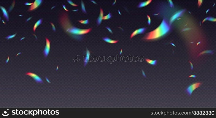 Rainbow falling confetti, holographic falling foil pieces, abstract festive background. Transparent overlay effect. Vector illustration.. Rainbow falling confetti, holographic falling foil pieces, abstract festive background.