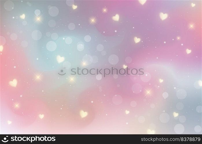 Rainbow fantasy background. Bright multicolored sky with hearts, stars and bokeh. Holographic illustration in pastel violet and pink colors. Cute cartoon girly wallpaper. Vector. Rainbow fantasy background. Bright multicolored sky with hearts, stars and bokeh. Holographic illustration in pastel violet and pink colors. Cute cartoon girly wallpaper. Vector.