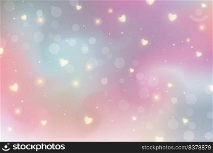 Rainbow fantasy background. Bright multicolored sky with hearts, stars and bokeh. Holographic illustration in pastel violet and pink colors. Cute cartoon girly wallpaper. Vector. Rainbow fantasy background. Bright multicolored sky with hearts, stars and bokeh. Holographic illustration in pastel violet and pink colors. Cute cartoon girly wallpaper. Vector.