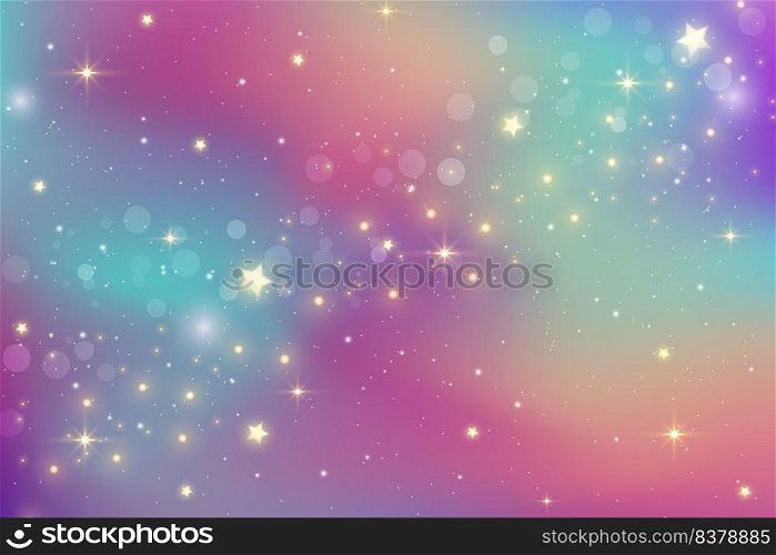Rainbow fantasy background. Bright multicolored sky with stars and bokeh. Holographic illustration in pastel violet and pink colors. Cute cartoon girly wallpaper. Vector. Rainbow fantasy background. Bright multicolored sky with stars and bokeh. Holographic illustration in pastel violet and pink colors. Cute cartoon girly wallpaper. Vector.