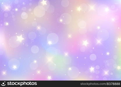 Rainbow fantasy background. Bright multicolored sky with stars and bokeh. Holographic illustration in pastel violet and pink colors. Cute cartoon girly wallpaper. Vector. Rainbow fantasy background. Bright multicolored sky with stars and bokeh. Holographic illustration in pastel violet and pink colors. Cute cartoon girly wallpaper. Vector.