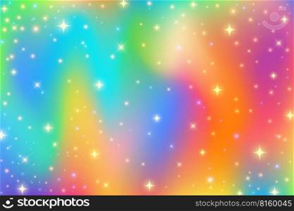 Rainbow fantasy background. Bright multicolored sky with stars and sparkles. Holographic wavy illustration. Vector. Rainbow fantasy background. Bright multicolored sky with stars and sparkles. Holographic wavy illustration. Vector.