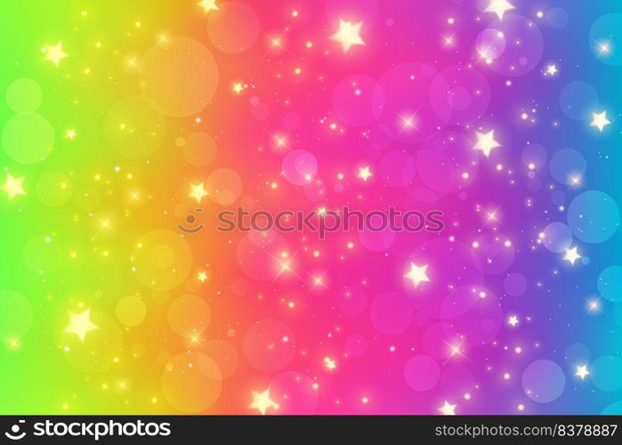 Rainbow fantasy background. Bright multicolored sky with stars sparkles and bokeh. Holographic wavy illustration. Vector. Rainbow fantasy background. Bright multicolored sky with stars sparkles and bokeh. Holographic wavy illustration. Vector.