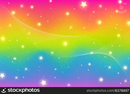 Rainbow fantasy background. Bright multicolored sky with stars sparkles and bokeh. Holographic wavy illustration. Vector. Rainbow fantasy background. Bright multicolored sky with stars sparkles and bokeh. Holographic wavy illustration. Vector.